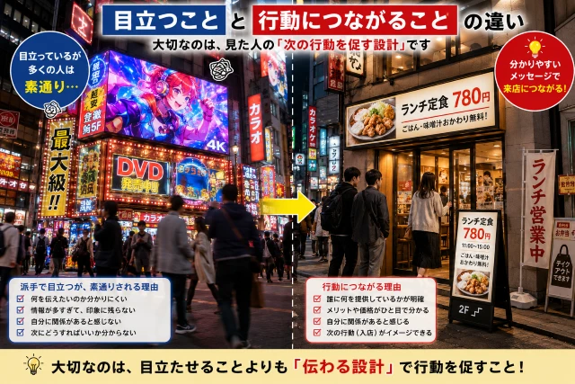 繁華街の大型LEDビジョン広告と飲食店の看板を比較し、『目立つこと』と『行動につながること』の違いを解説する販促イメージ。