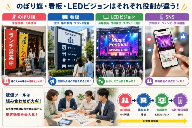 のぼり旗・看板・LEDビジョン・SNSそれぞれの役割を比較した販促ツール解説図。来店誘導、認知向上、会場演出、ファンとの関係構築など、目的に応じた活用方法を紹介するイラスト。