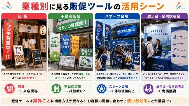 業種別の販促ツール活用例を紹介する比較イラスト。店舗、不動産店舗、スポーツ会場、展示会・合同説明会でののぼり旗、看板、LEDビジョン、バックパネル活用方法と、それぞれの集客・商談効果を分かりやすく解説している。