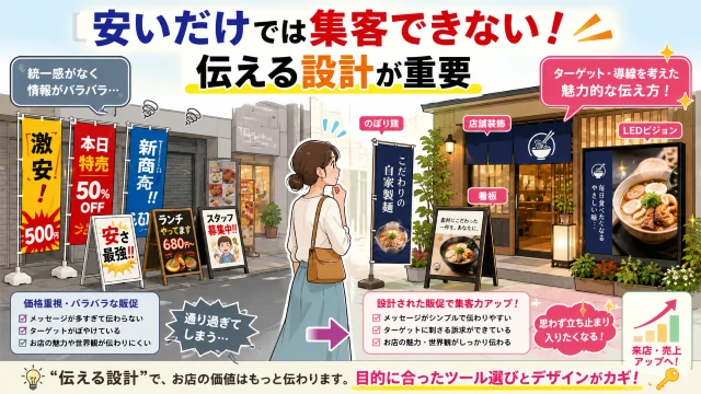 のぼり旗・看板・LEDビジョンを活用した店舗販促の比較イメージ。安さ重視の販促と、ターゲットや導線を考えた伝わる設計の違いを表現したイラスト